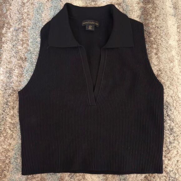 House of Harlow 1960 Black Stretchy Ribbed Collared V-Neck Crop Top L - Picture 1 of 4